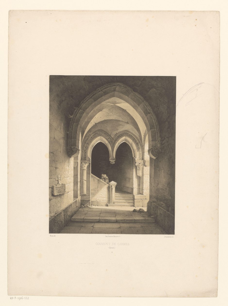 Interieur van een klooster met twee monniken op de achtergrond door Henri de Boug d