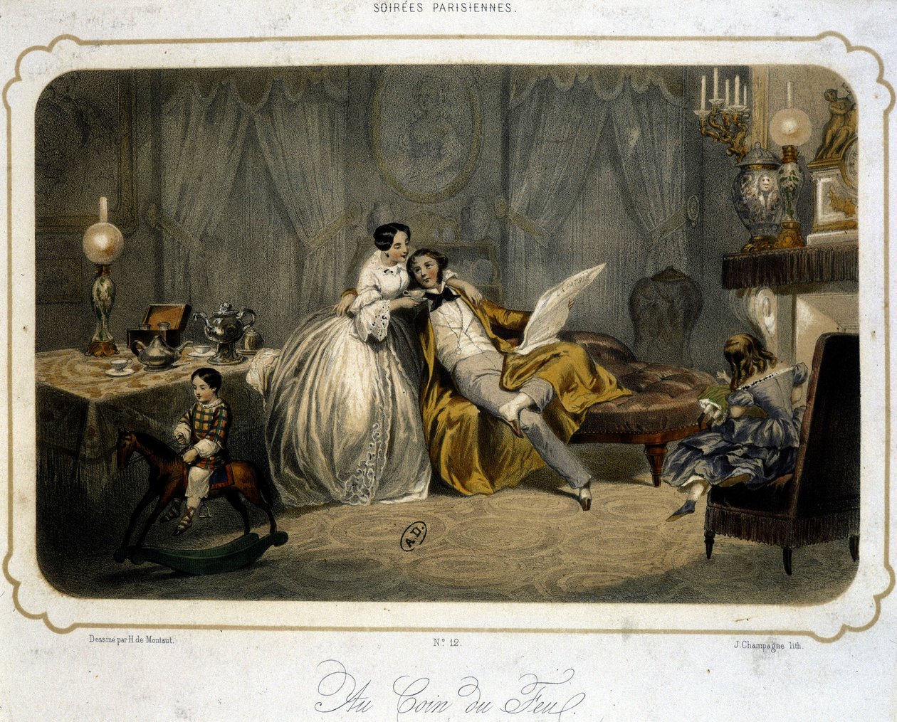 Bourgeois familie rustend in de woonkamer - lithografie, ca. 1820 door Henri de Montaut