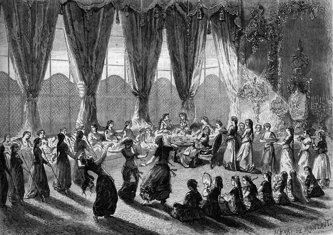 Ontvangst van Europese dames in het serail van Caïro door de Vicekoningin van Egypte. Dienstmeisjes brengen de gerechten terwijl muzikanten en dansers de show opvoeren. 19e eeuw. Gravure door Henri de Montaut in 