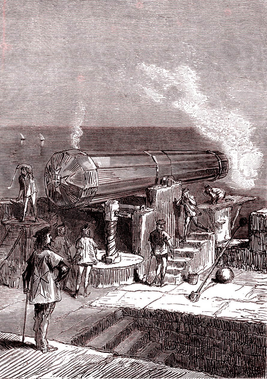 Het gigantische kanon op het eiland Malta, kunstwerk, "Van de aarde naar de maan" door Jules Verne door Henri de Montaut
