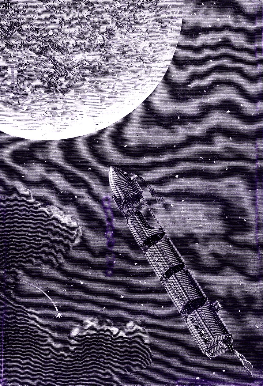 Trein van kogels (of projectielen) afgevuurd door een gigantisch kanon naar de Maan, "Van de aarde naar de maan" door Jules Verne door Henri de Montaut
