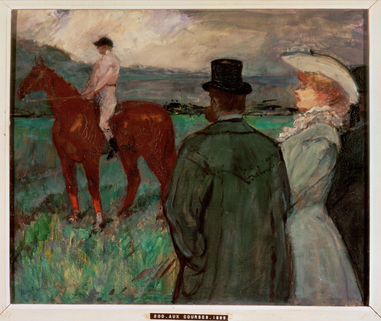 Bij de races (schilderij op canvas) door Henri de Toulouse-Lautrec