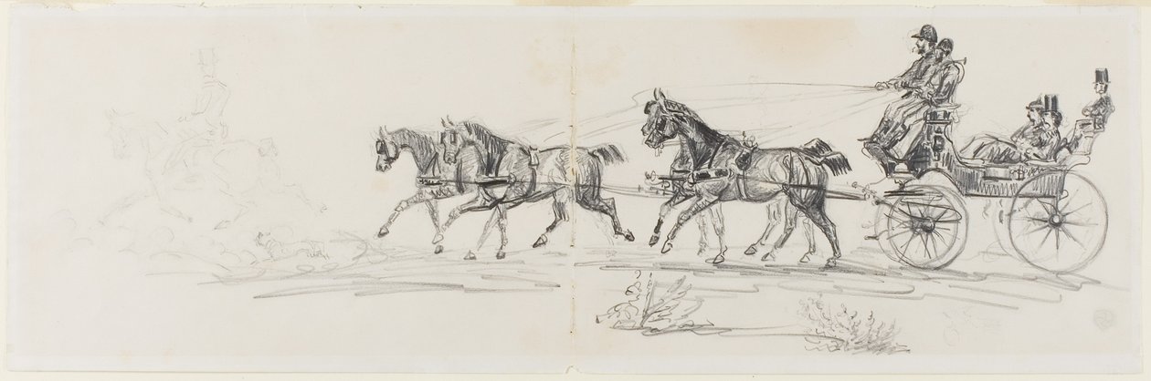 Paard-en-wagen voorafgegaan door enkele ruiter (recto); Man te paard met een deken en schetsen van hoofden, paarden en triomfboog (verso) door Henri de Toulouse-Lautrec