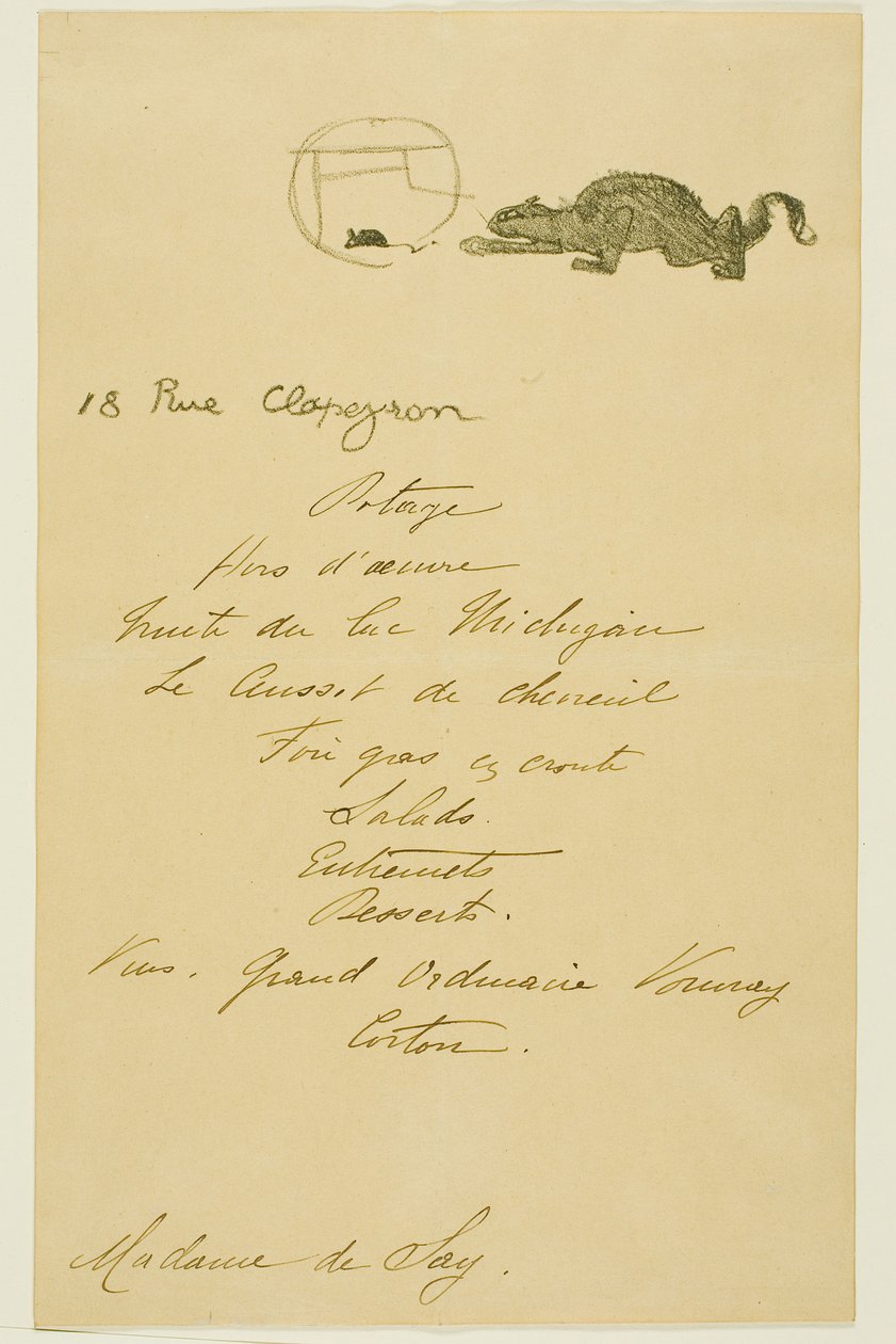 Menu voor een diner gegeven door May Belfort door Henri de Toulouse-Lautrec