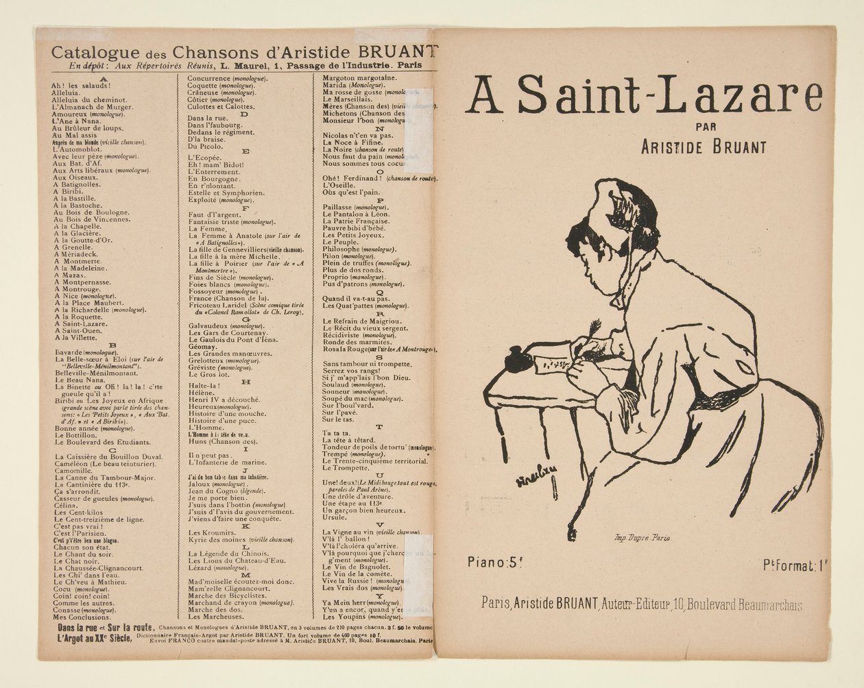 A Saint-Lazare, woorden en muziek door Aristide Bruant, omslag voor bladmuziek door Henri de Toulouse Lautrec