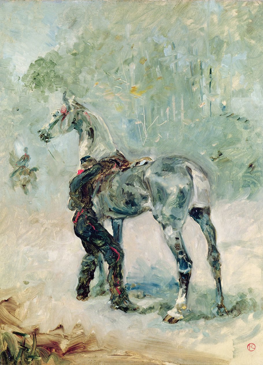Artillerist die zijn paard zadelt, 1879 door Henri de Toulouse Lautrec