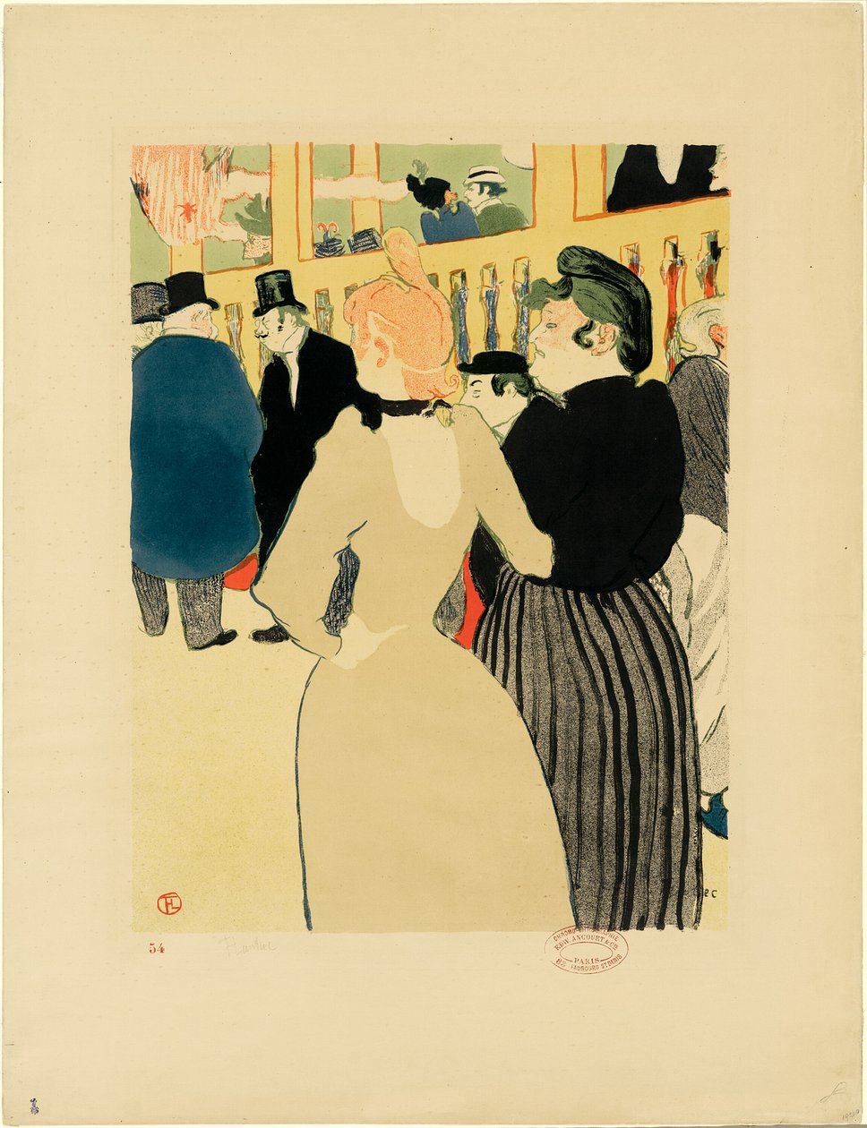 Bij de Moulin Rouge, La Goulue en haar zus door Henri de Toulouse Lautrec