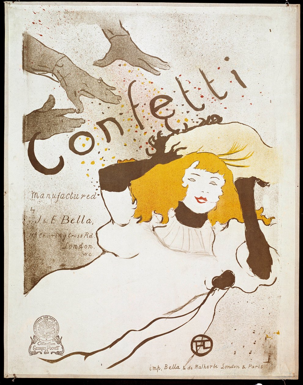 Confetti: handen gooien confetti polsen op een vrouw met geel haar. Poster door Henri de Toulouse-Lautrec (1864-1901). Dim. 0.54 x 0.39. 1893. Albi, Musee Toulouse Lautrec door Henri de Toulouse Lautrec