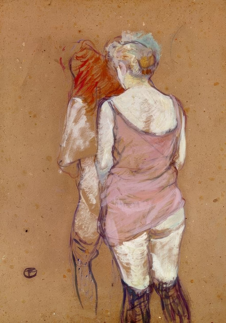 Twee vrouwen van achteren, huis aan de rue des Moulins door Henri de Toulouse Lautrec