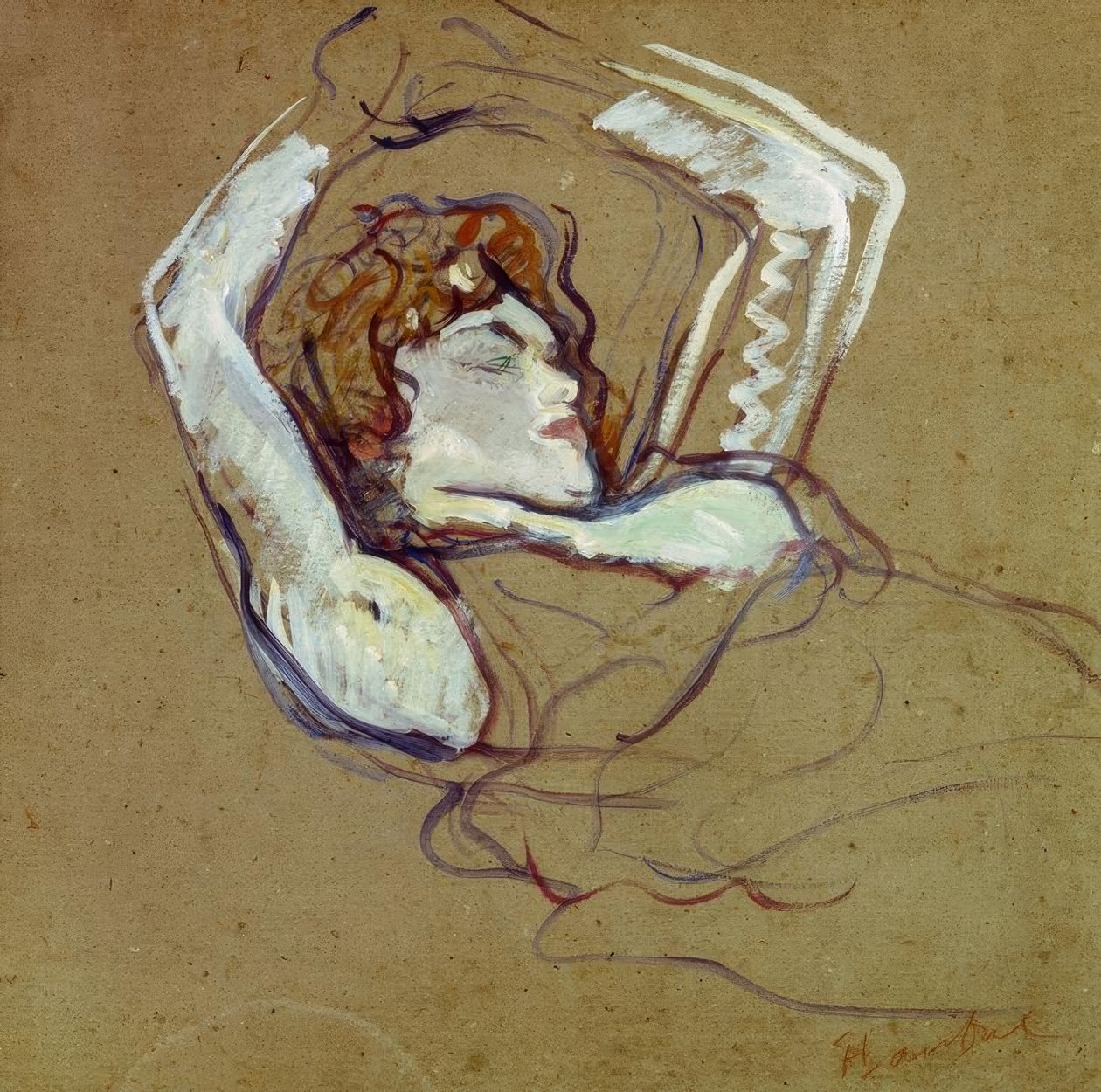Liggende vrouw op haar rug, armen omhoog door Henri de Toulouse Lautrec