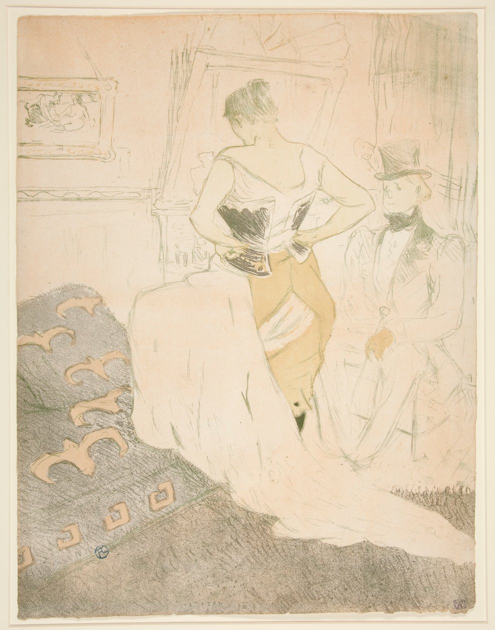 Vrouw die een korset vastmaakt, voorbijgaande verovering, uit de serie Elles door Henri de Toulouse Lautrec