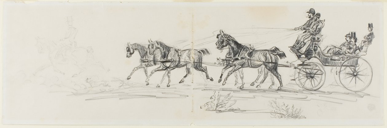 Paard-en-wagen voorafgegaan door enkele ruiter (recto); Man te paard met een deken en schetsen van hoofden, paarden en triomfboog (verso) door Henri de Toulouse Lautrec