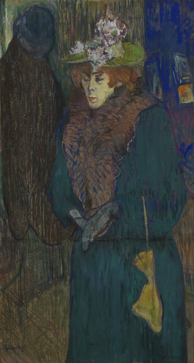 Jane Avril bij de ingang van de Moulin Rouge, haar handschoenen aantrekkend, ca. 1892 door Henri de Toulouse Lautrec