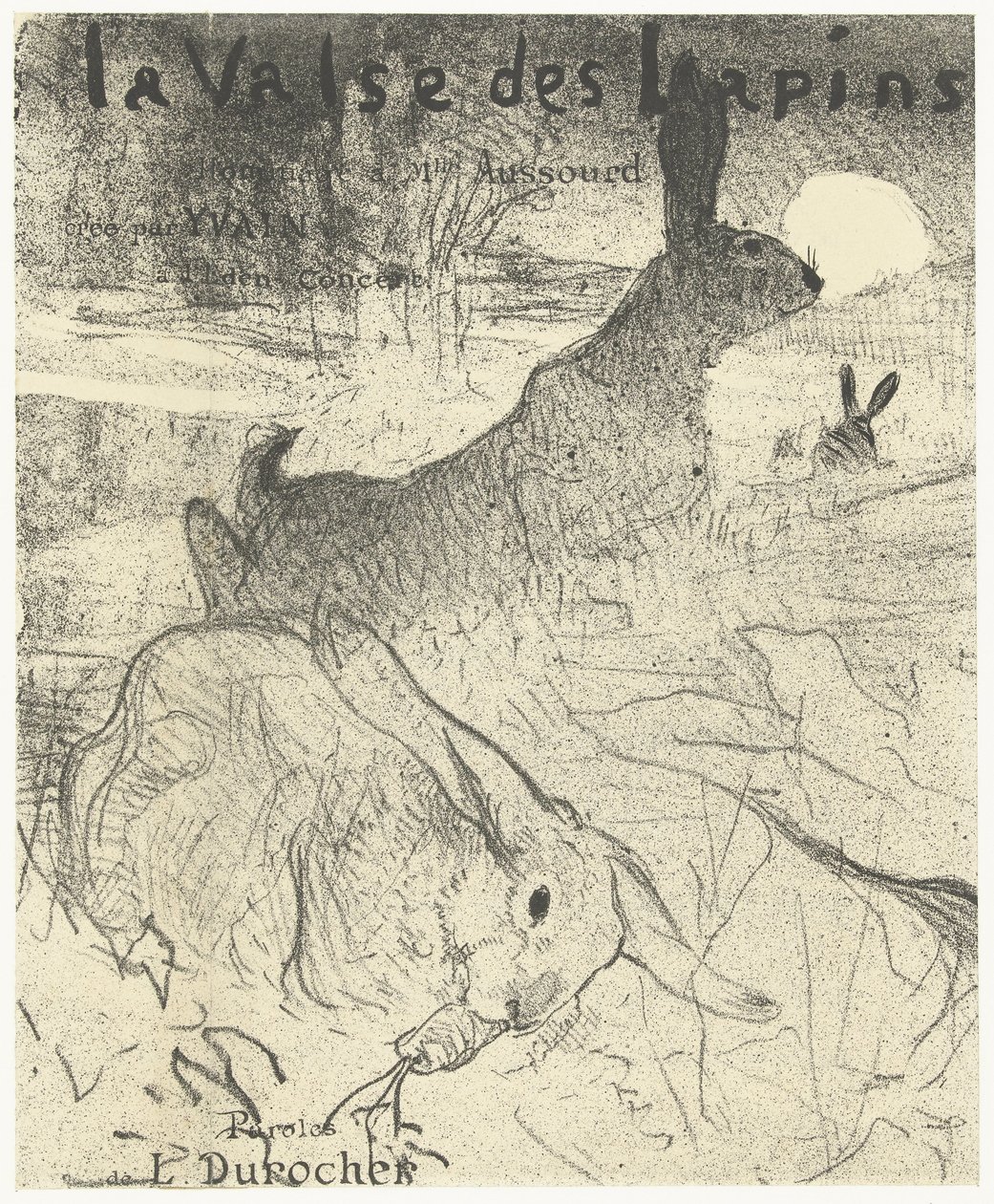 Omslag voor muziekblad met lied La Valse des Lapins met konijnen in landschap door Henri de Toulouse-Lautrec