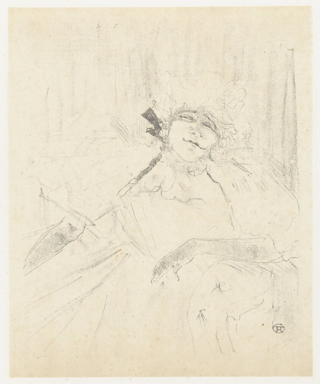 Portret van Yvette Guilbert in fauteuil op toneel door Henri de Toulouse-Lautrec