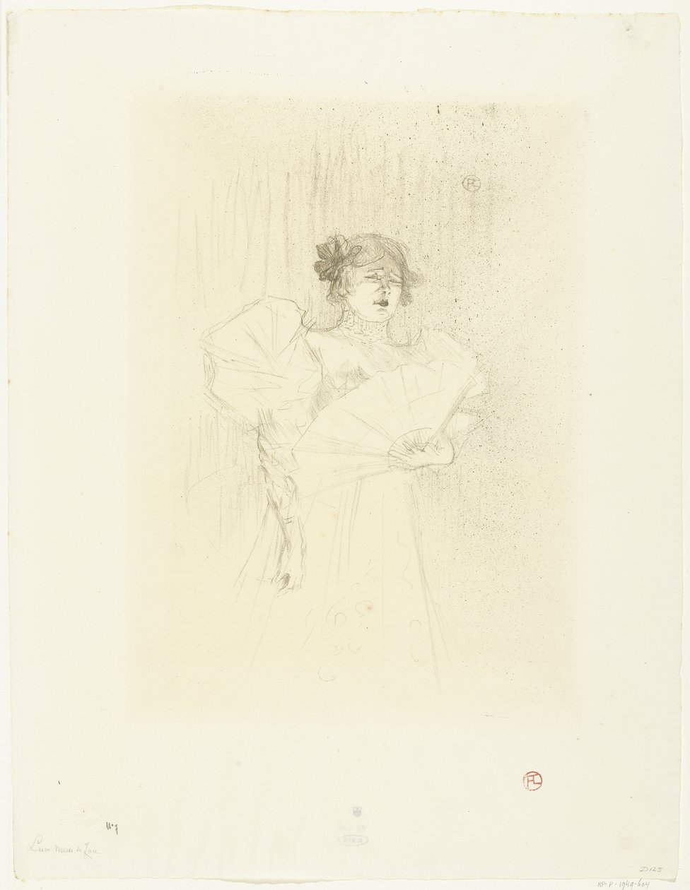 Portret van actrice Luce Myrès met waaier door Henri de Toulouse Lautrec