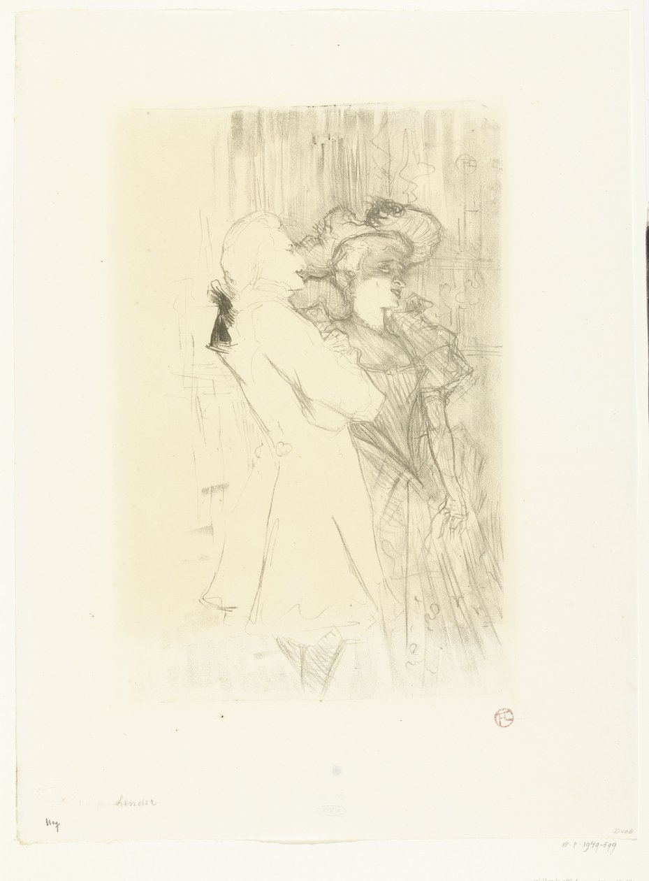 Portret van zangeres Marcelle Lender en zanger Numa Auguez in operette La Chanson de Fortunio door Henri de Toulouse-Lautrec