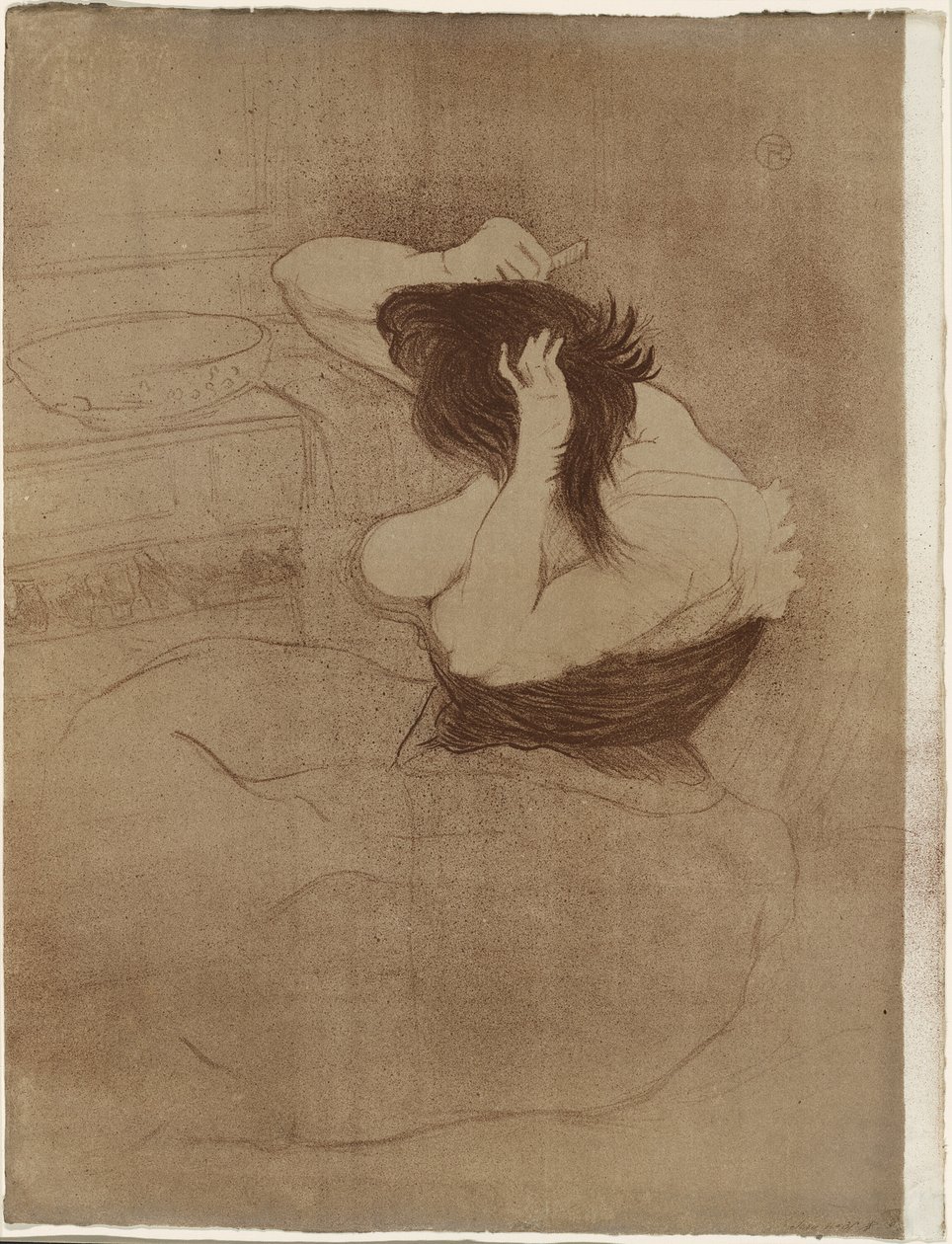Vrouw die haar haar kamt—La Coiffure, plaat zeven uit Elles door Henri de Toulouse Lautrec