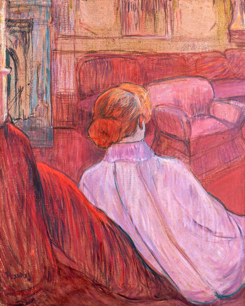 Vrouw zittend op een rode bank door Henri de Toulouse-Lautrec