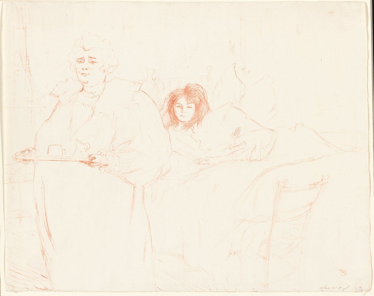 Vrouw met een Dienblad—Ontbijt (Madame Baron en Mademoiselle Popo), plaat twee uit Elles door Henri de Toulouse Lautrec