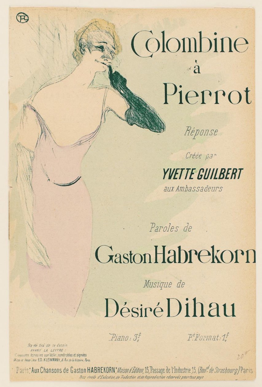 Yvette Guilbert, dans Colombine à Pierrot door Henri de Toulouse Lautrec