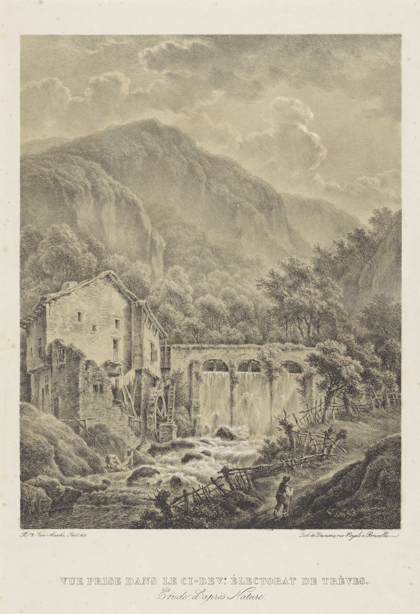 Berglandschap met watermolen nabij Trier door Henri van Assche