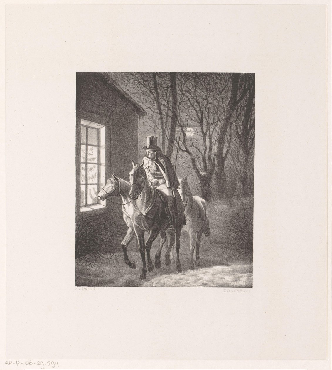 Man te paard rijdt langs huis door Henri van Seben