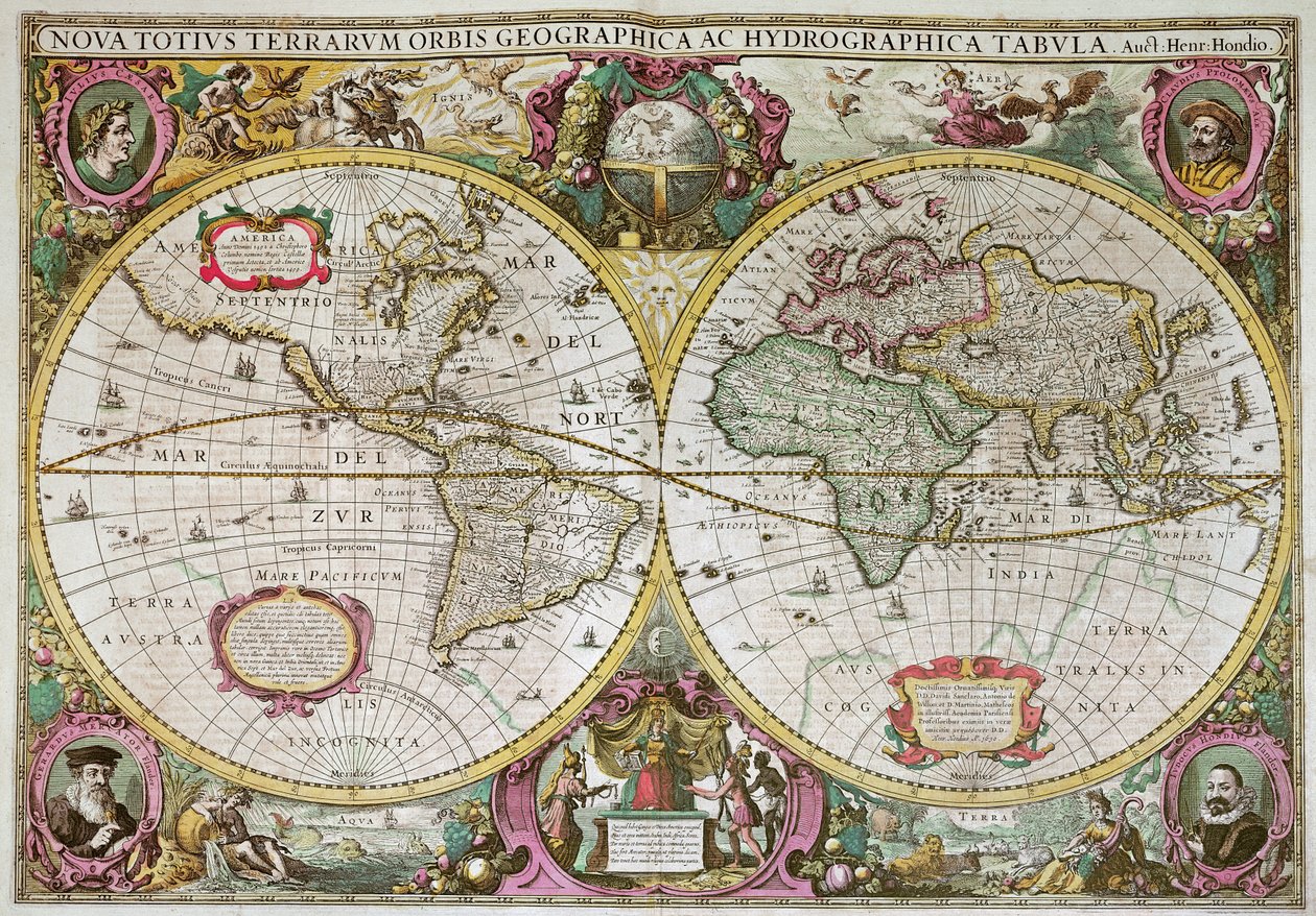 Een Nieuwe Land- en Waterkaart van de Gehele Aarde, 1630 door Henricus Hondius II