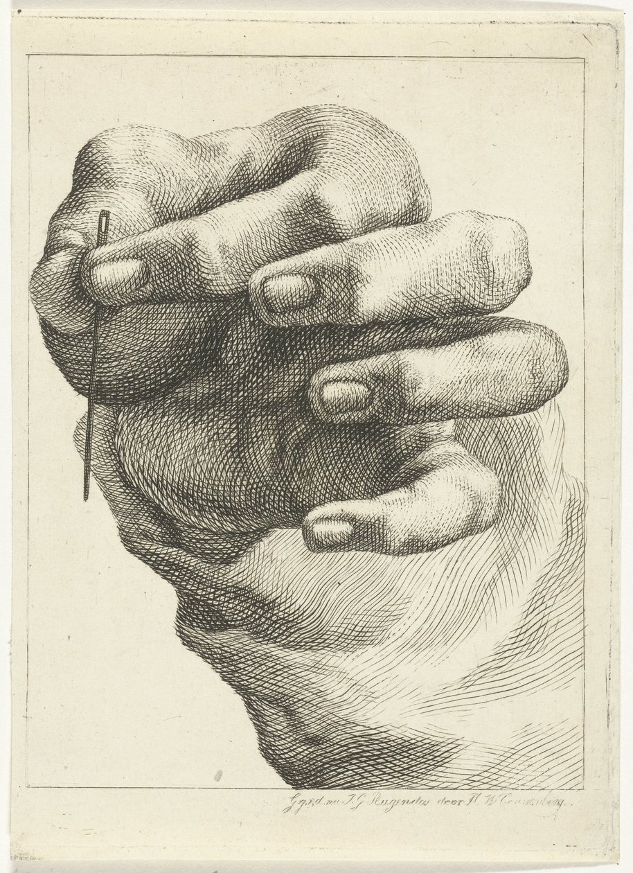 Studie van een hand met een naald tussen duim en wijsvinger door Henricus Wilhelmus Couwenberg
