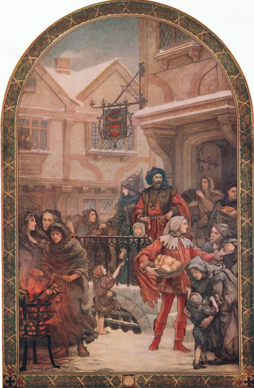 Sir Richard Whittington (1358-1423) die liefdadigheid uitdeelt, illustratie uit 