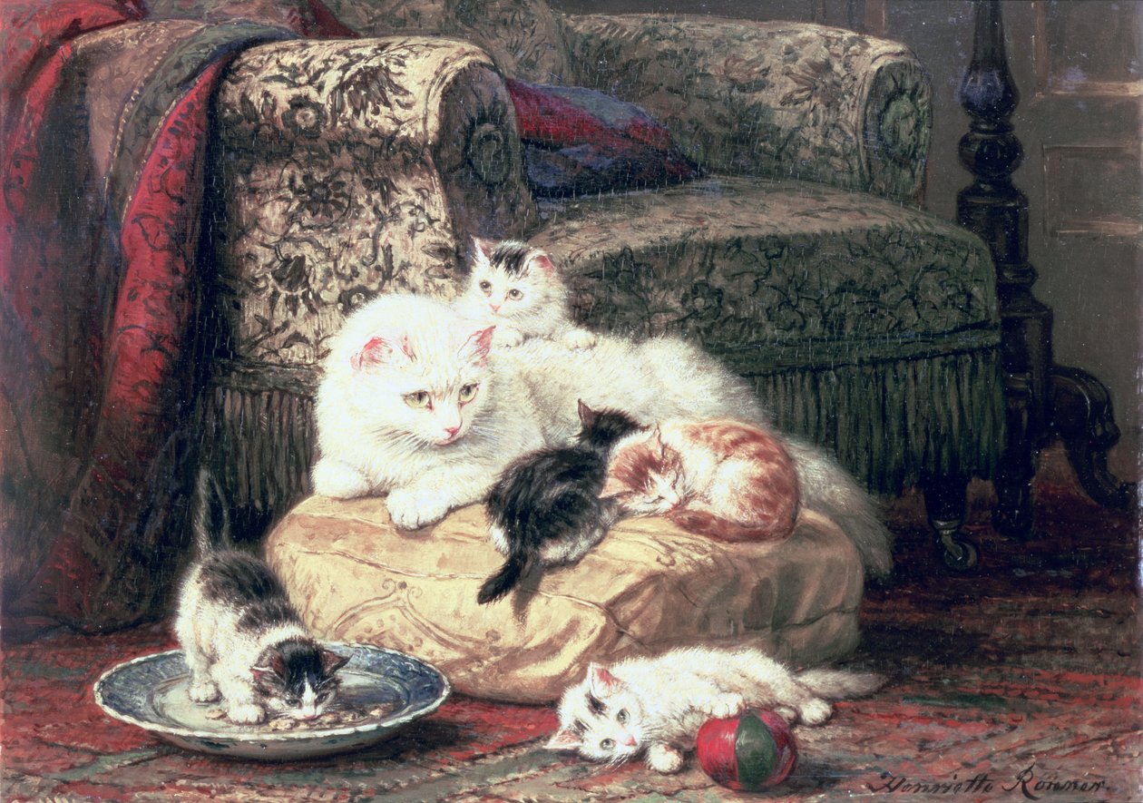 Kat met haar kittens op een kussen door Henriëtte Ronner Knip