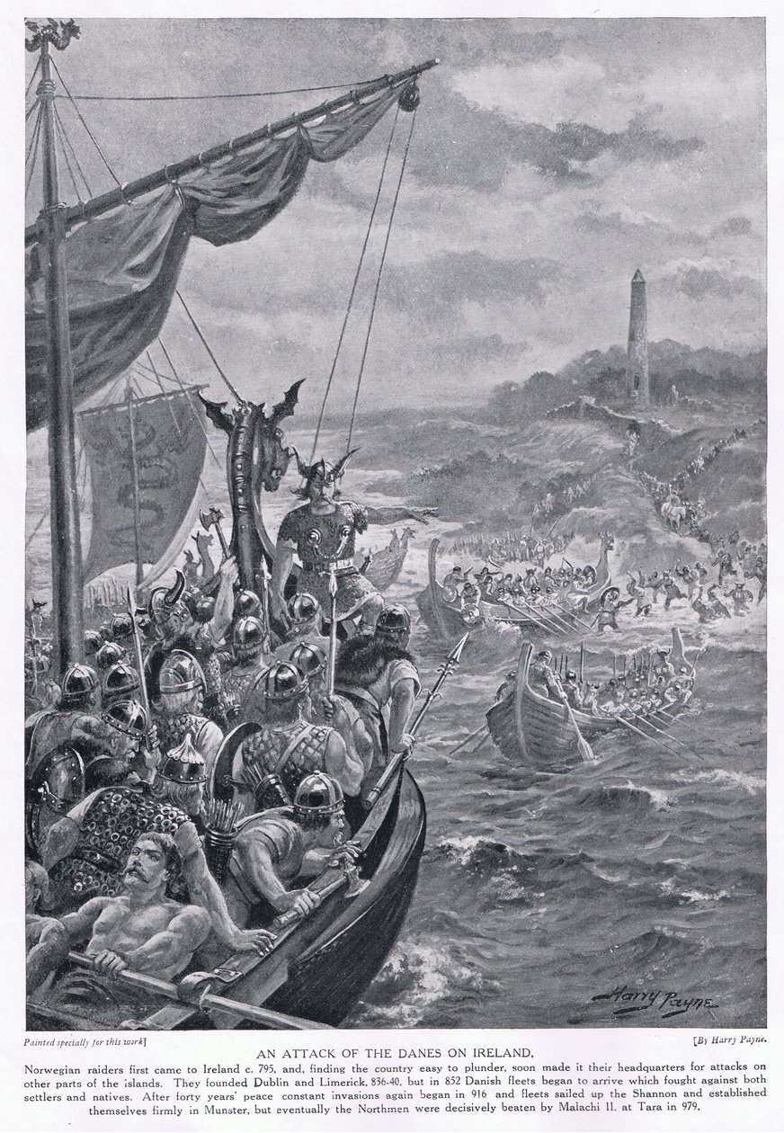 Een aanval van de Denen op Ierland rond 795 AD, jaren 1920 door Henry A. Payne