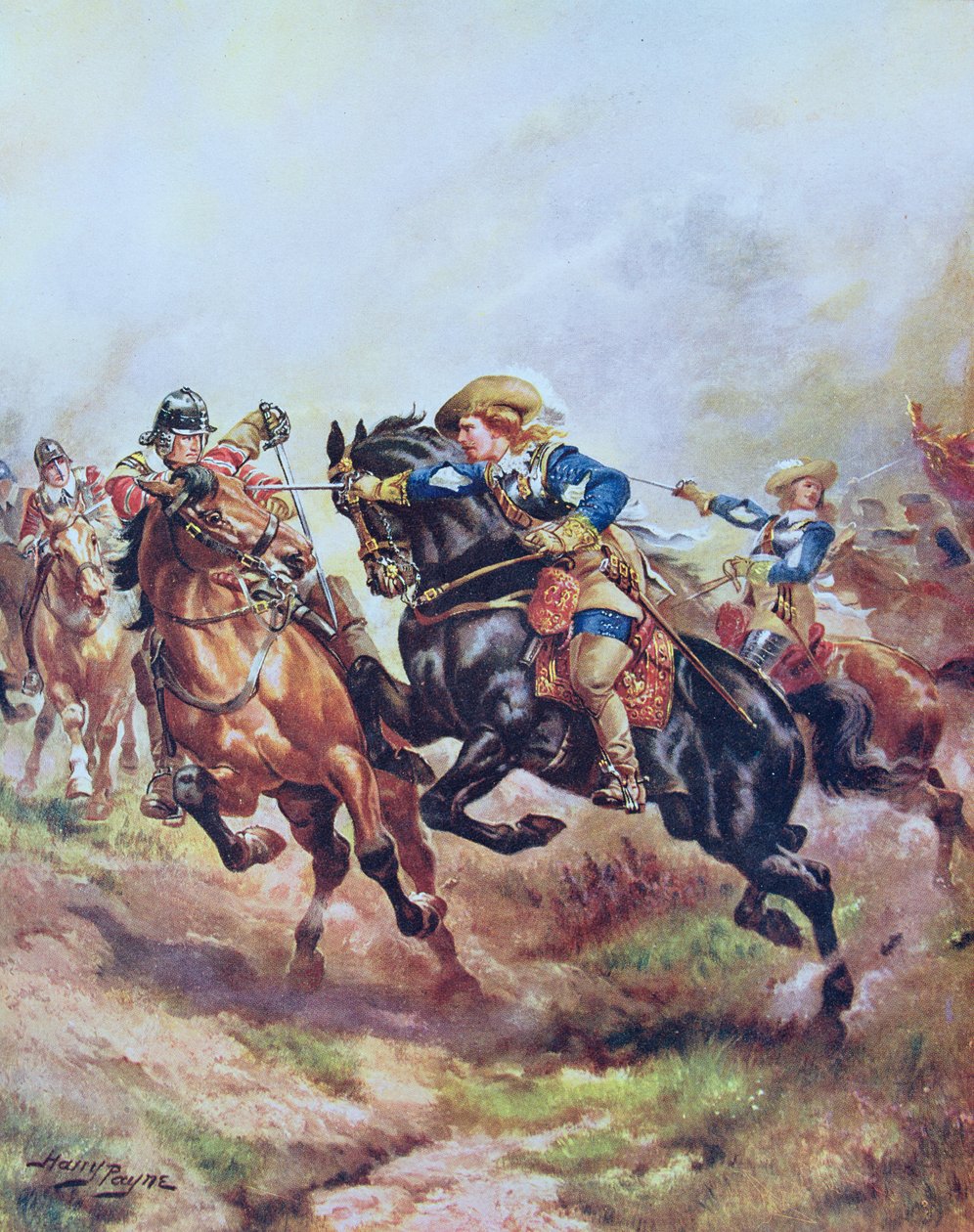 De Cavalerie van Prins Rupert valt aan bij Edgehill in 1642, illustratie uit Hutchinson