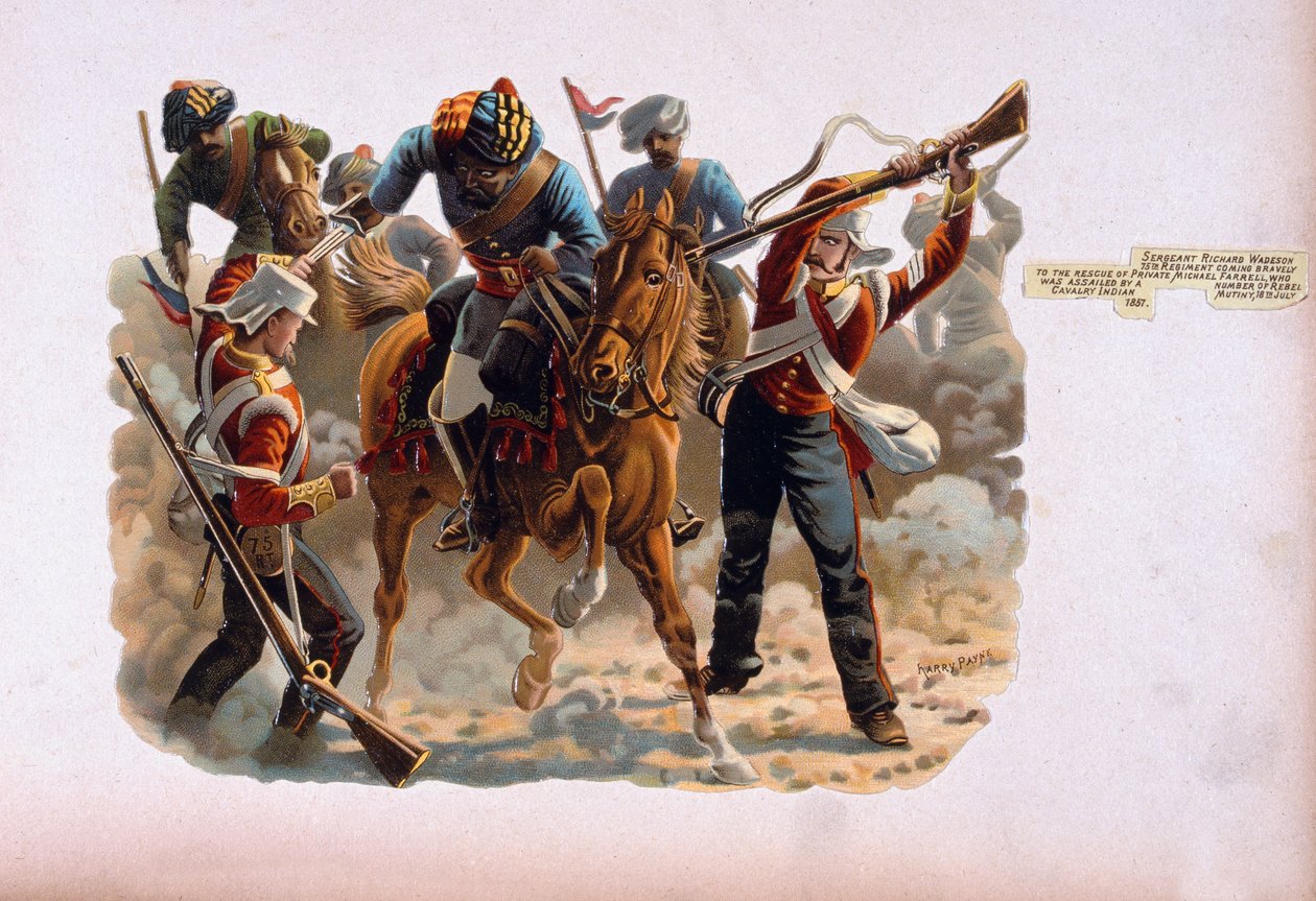 Sergeant Richard Wadeson, 75e Regiment, komt dapper te hulp van soldaat Michael Farrell die werd aangevallen door een aantal rebellen cavalerie, Indiase Muiterij, 18 juli 1857, uit een serie getiteld 