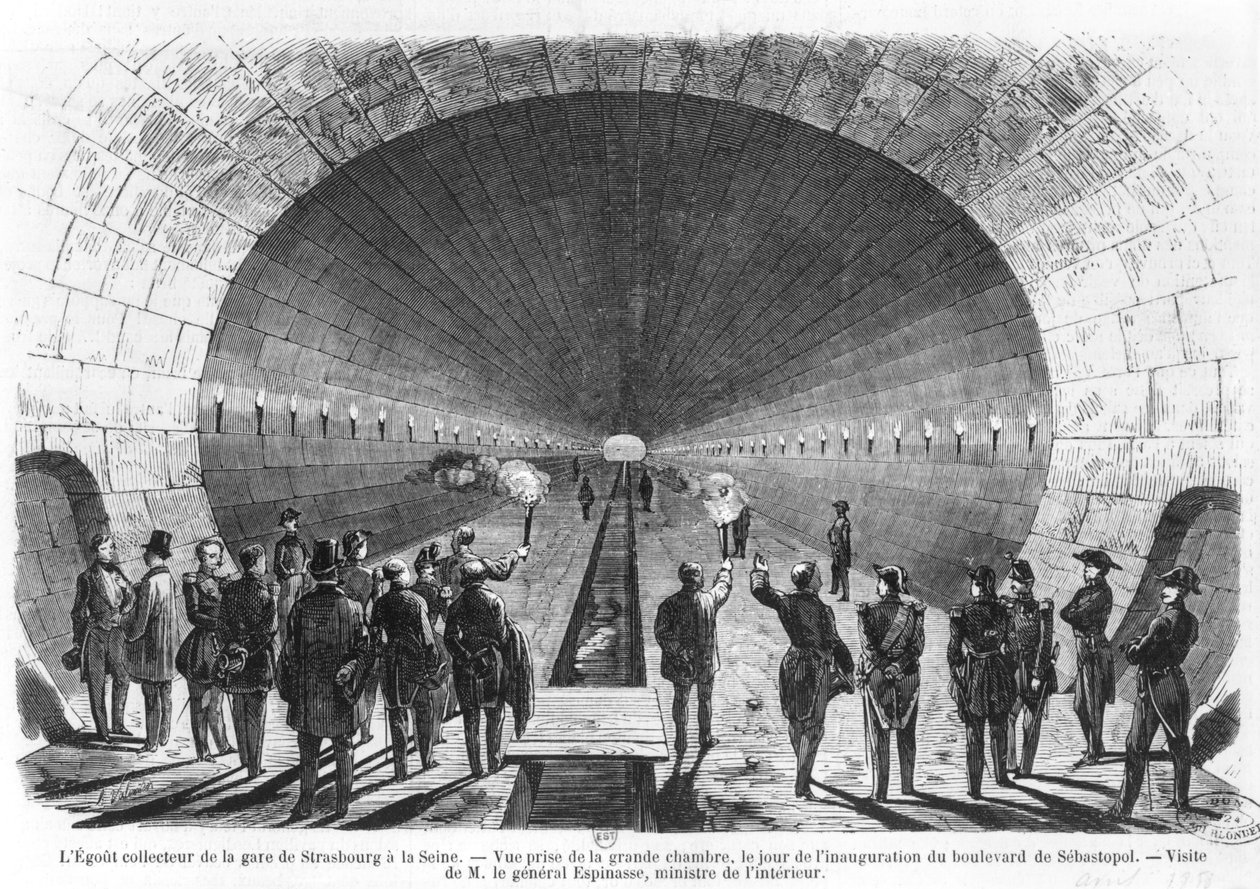 Hoofdriolering van het Strasbourg Station naar de Seine. Officieel bezoek van de Minister van Binnenlandse Zaken, Generaal Charles Marie Esprit Espinasse (1815-59) april 1858 door Henry Augustin Valentin