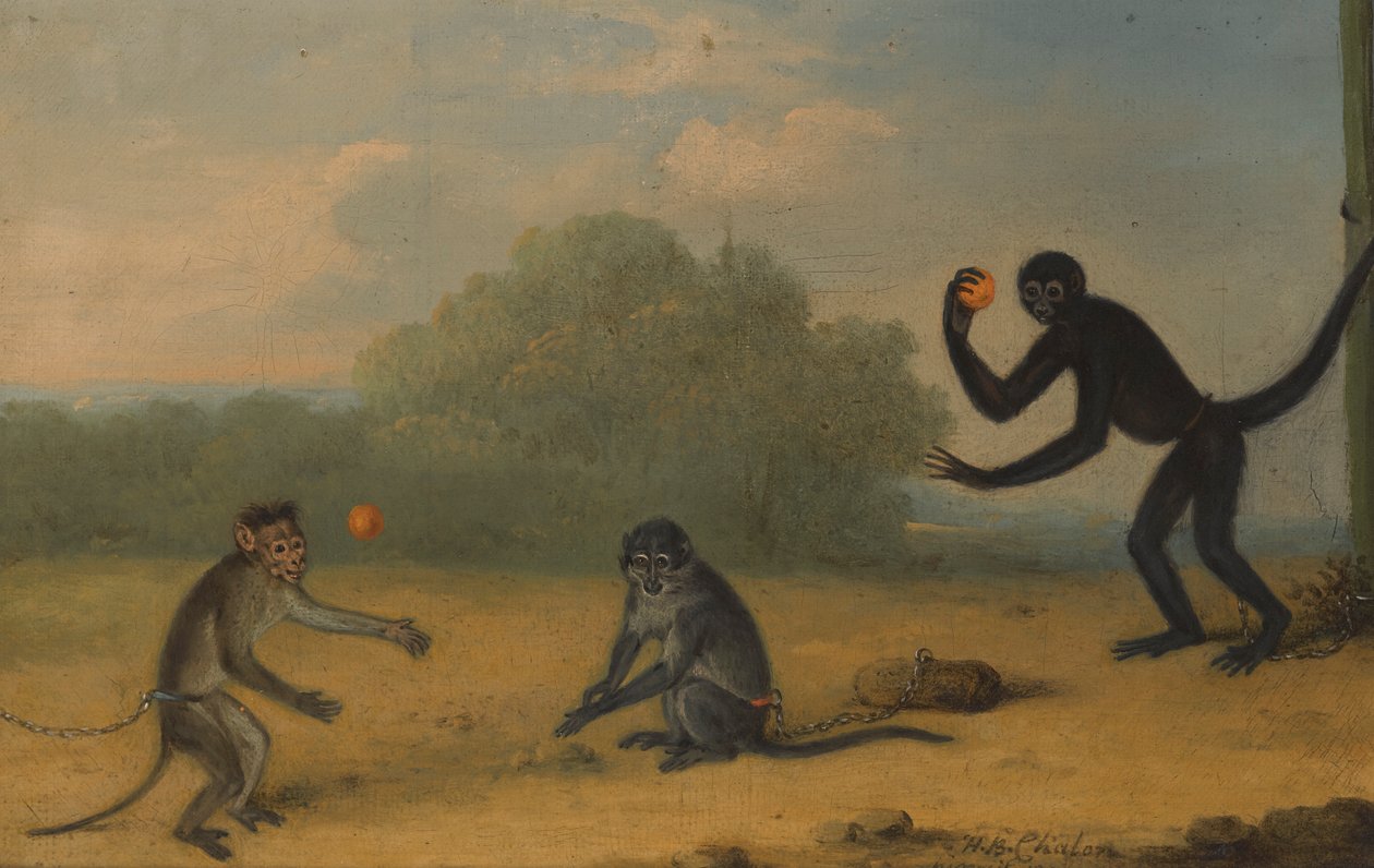 Drie apen aan het spelen door Henry Bernard Chalon