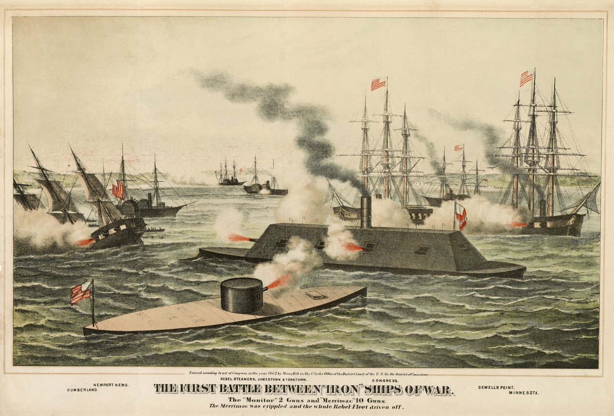 De eerste slag tussen ijzeren oorlogsschepen, gepubliceerd ca. 1862 door Henry Bill