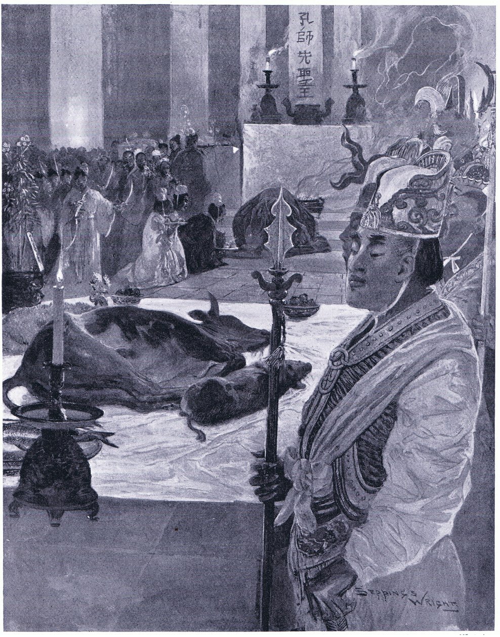 Een offer in een Confuciaanse tempel 505 AD door Henry Charles Seppings Wright