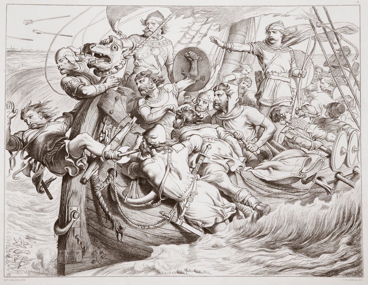 Hoe Hereward zijn schip op de kust van Vlaanderen laat stranden, illustratie uit Hereward the Great door Charles Kingsley, uitgegeven 1870, gegraveerd door C.G. Lewis door Henry Courtney Selous