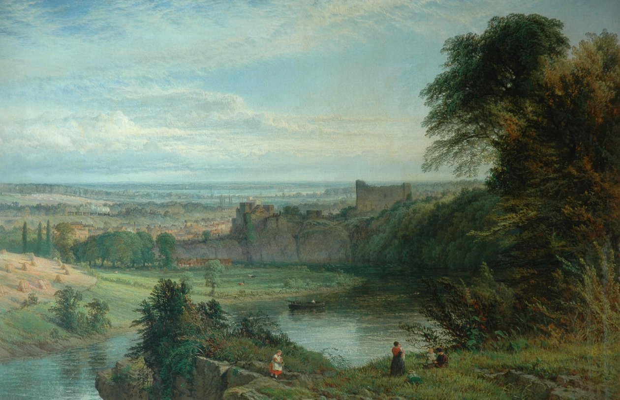 Landschap met kasteel en rivier en Chepstow Castle, 1862 door Henry Dawson