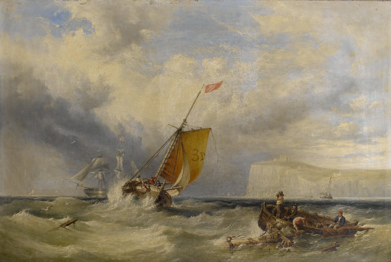 Loodsboot nr. 3 keert terug naar de kust, met een groot koopvaardijschip in de baai door Henry King Taylor