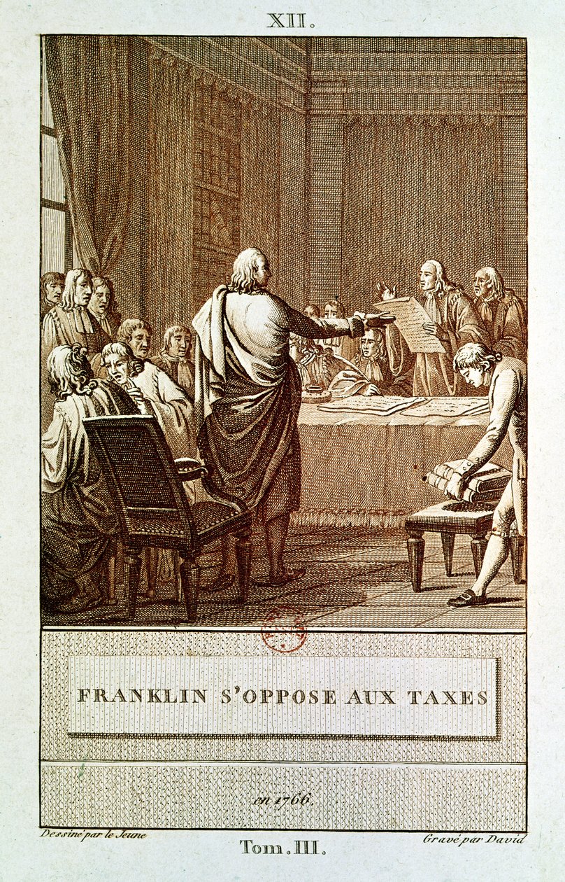 Benjamin Franklin Presenteert zijn Verzet tegen de Belastingen in 1766, gegraveerd door David door Henry Le Jeune