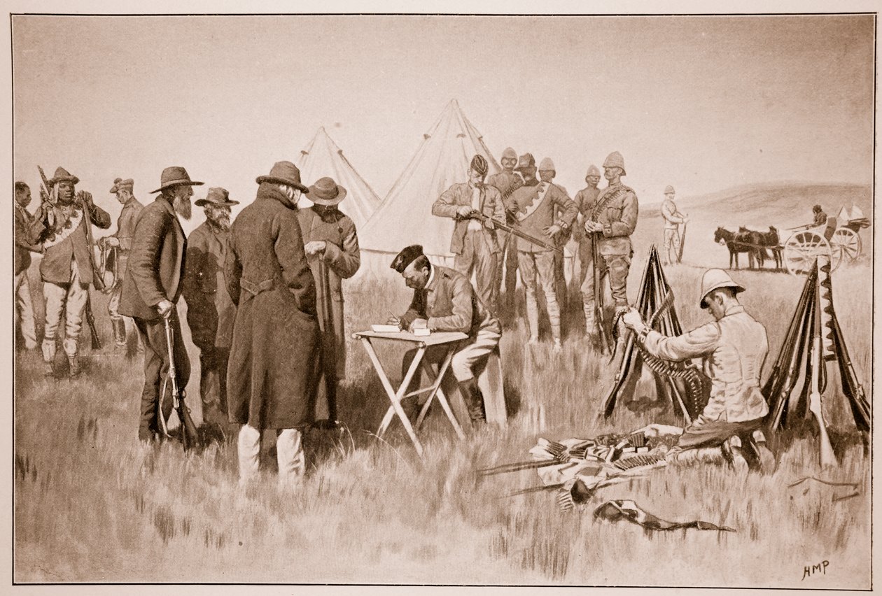 Boeren leggen de eed van neutraliteit af in Greylingstad, naar een schets van Luitenant E.B. Knox door Henry Marriott Paget