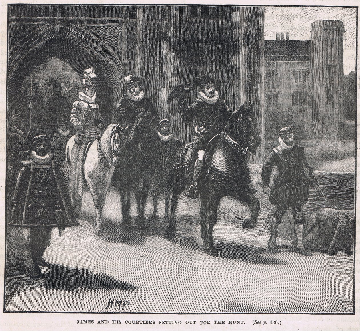 James en zijn hovelingen op weg naar de jacht, 1608 door Henry Marriott Paget