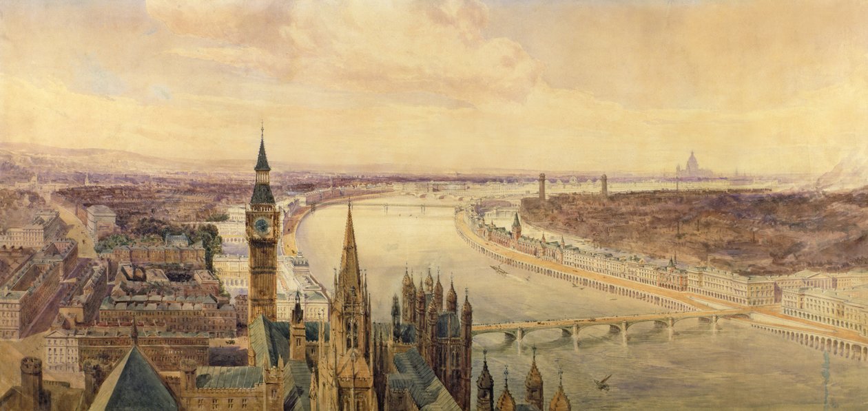 Architectonisch panorama van een voorgesteld plan voor de zuidelijke oever van de Theems, c.1861 door Henry Newton