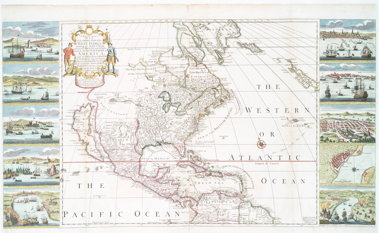 Een nieuwe en correcte kaart van het handelsgebied van de West-Indië, 1741 door Henry Overton