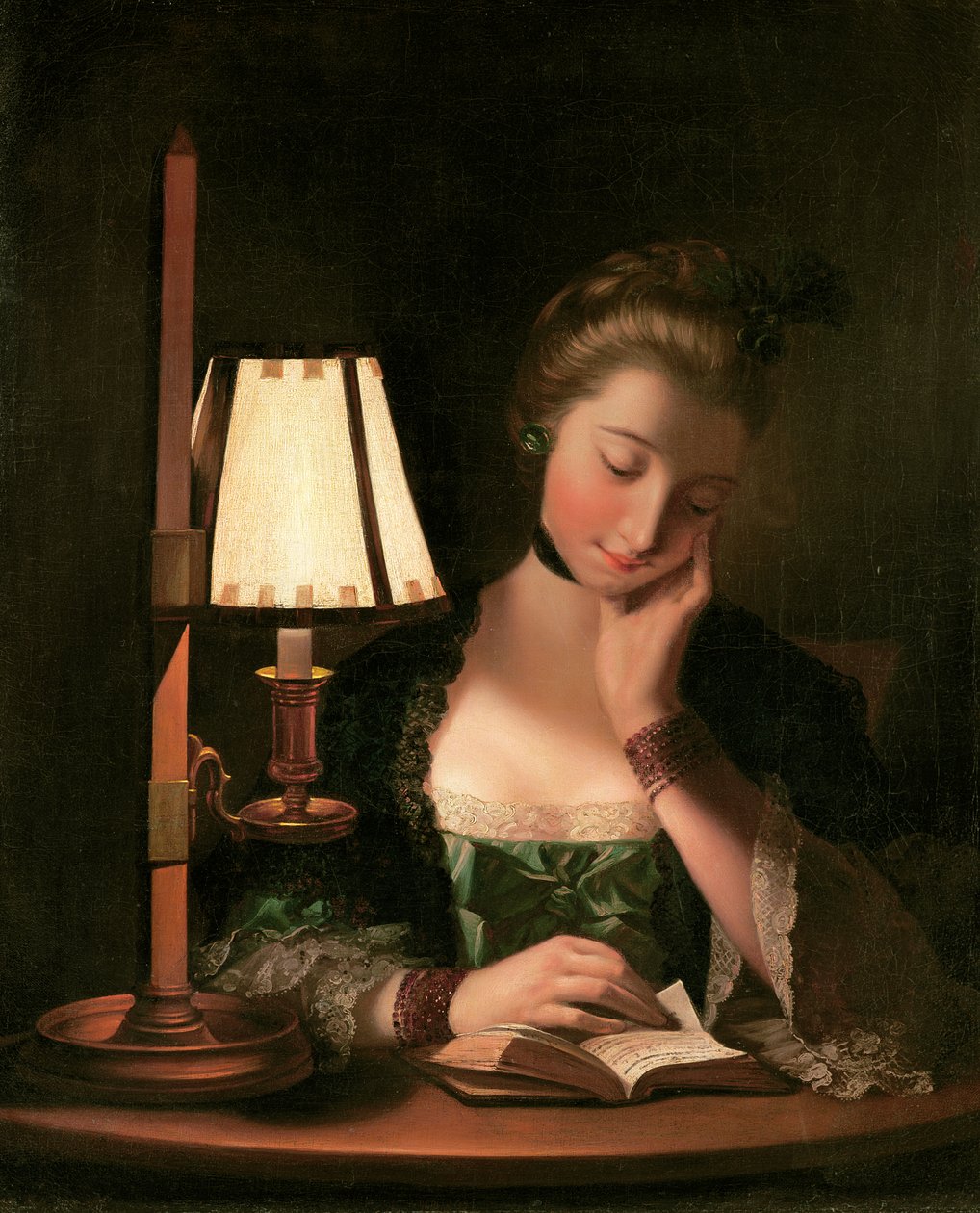 Vrouw die leest bij een papieren belschaduw door Henry Robert Morland