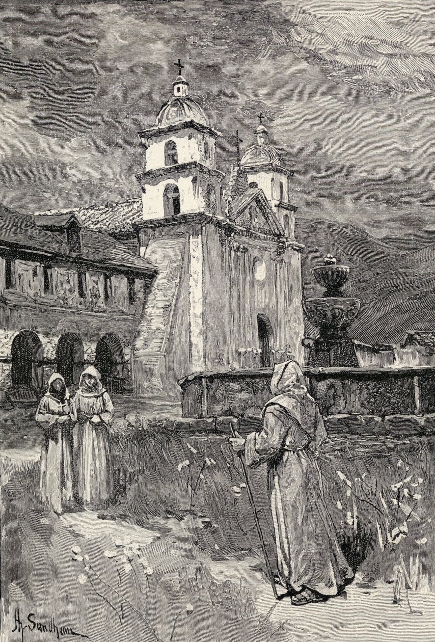 Fontein en missie, Santa Barbara, Californië, uit 