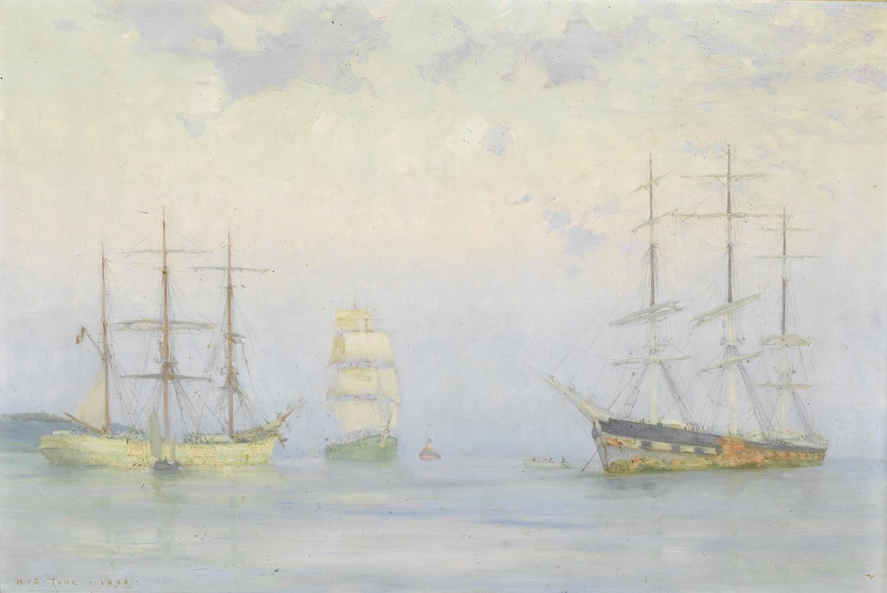 Schepen voor anker, Carrick Roads door Henry Scott Tuke