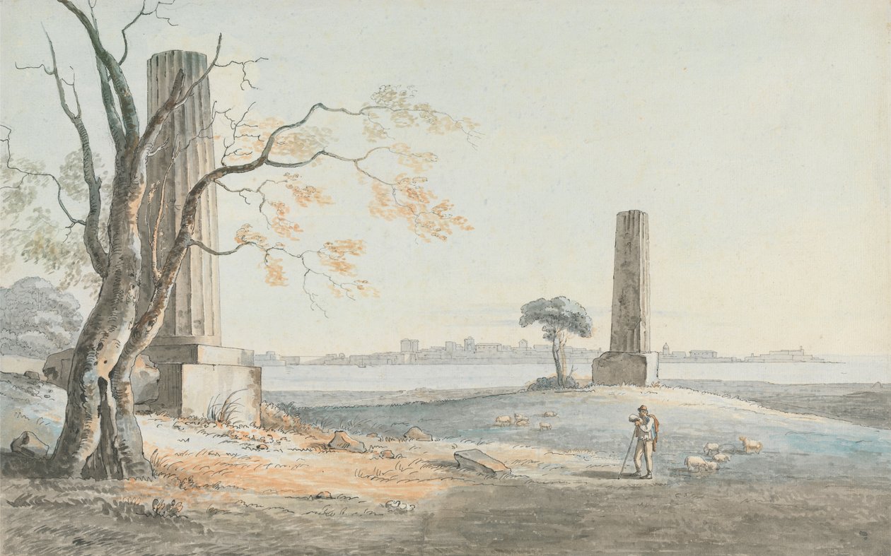 Resten van de Tempel van Olympische Jove met een Uitzicht op Ortygia, Syracuse door Henry Tresham